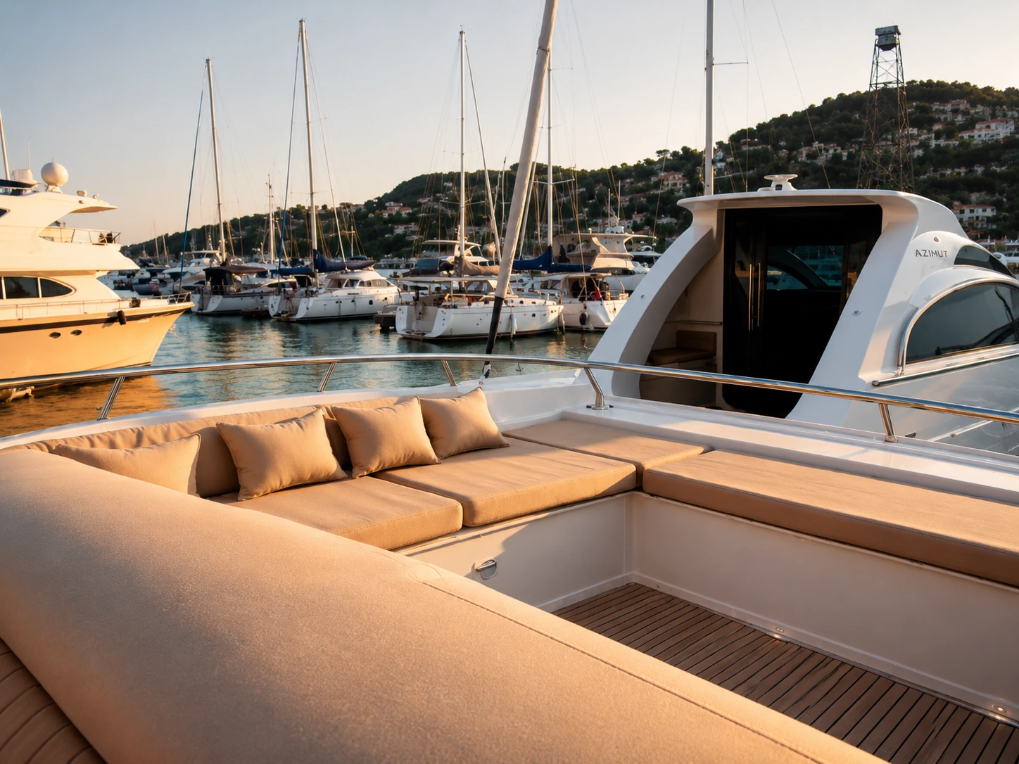 Ambiance à bord d'un bateau avec sellerie MAREVIA terminée, au coucher du soleil
