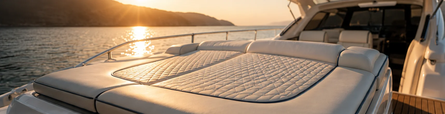 Bain de soleil sur mesure à bord d'un bateau au coucher du soleil, artisan MAREVIA au travail